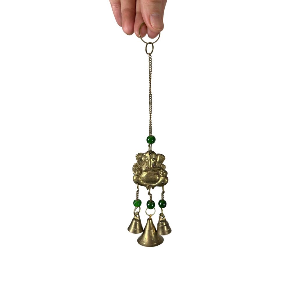 Chain Charm- Bells- Elephant Gold Tone Metal- Green glass beads 9.5" windchime